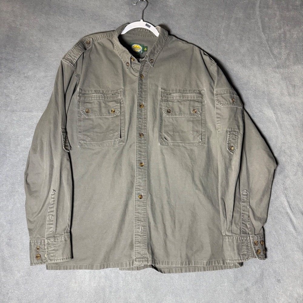 Cabelas Mens XL Olive Green Cotton Safari Tactical Utility Button Down Shirt